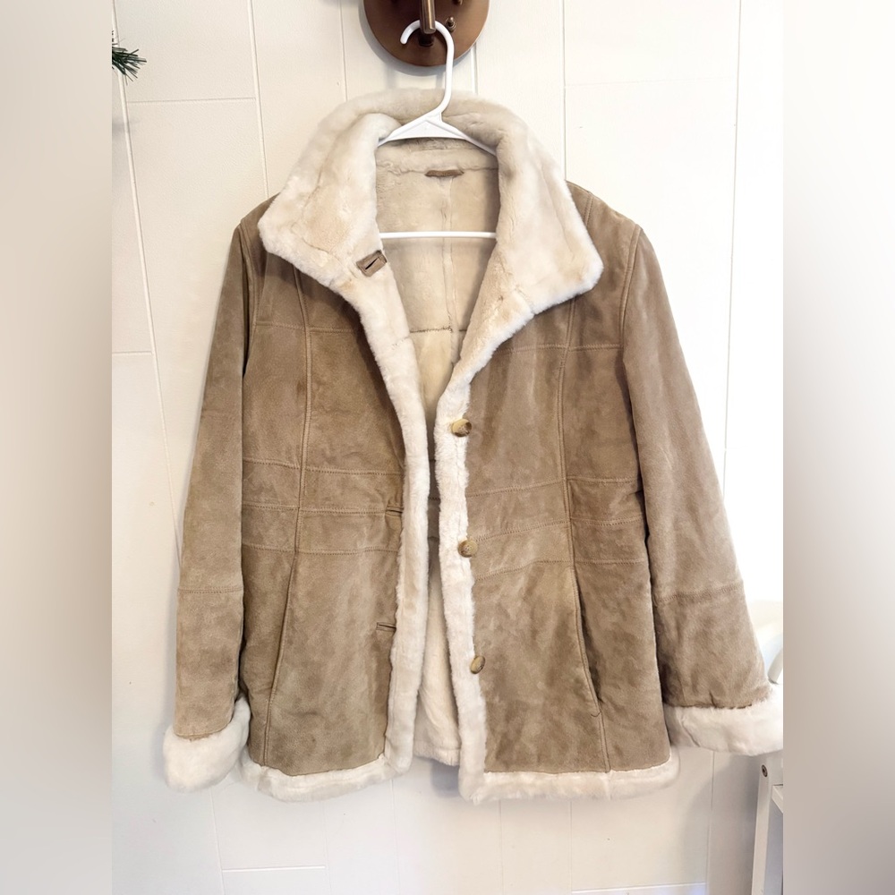 Vintage 90s Gallery Tan Leather Suede Shearling Faux Fur Jacket Coat size M - Picture 3 of 9